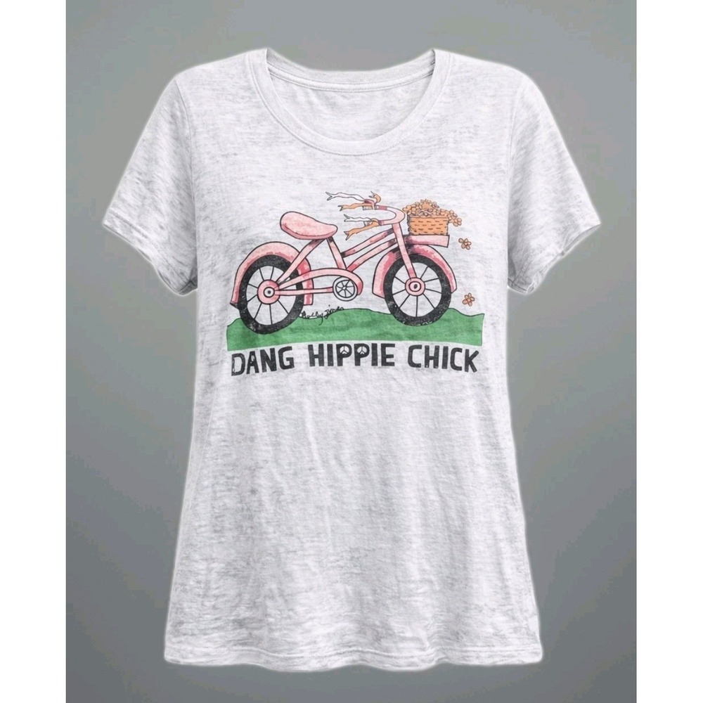 Dang Hippie Chick Burnout Tee Womens XL Graphic T Shirt Boho Bicycle Fits Like L - Picture 2 of 5